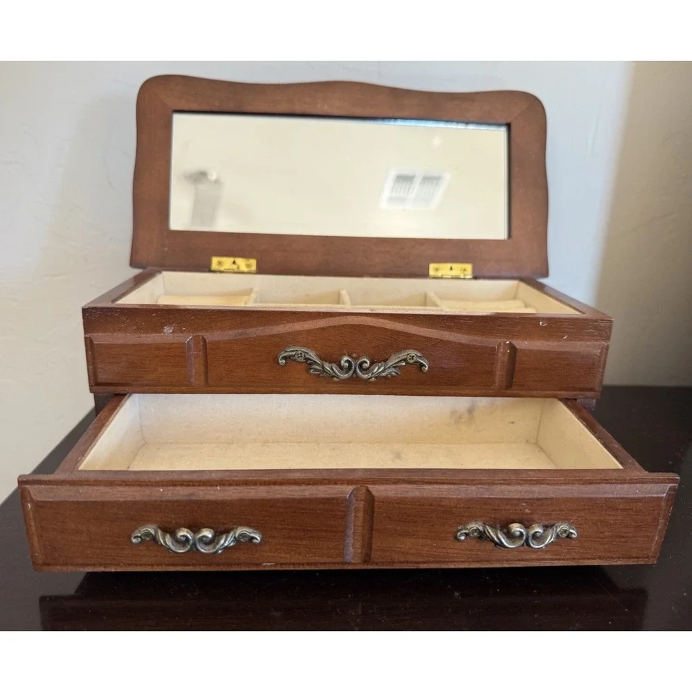 Vintage Wooden Velvet Lined Jewelry‎ Box Drawers Mirror Inside Lid 4 x 5 x  10